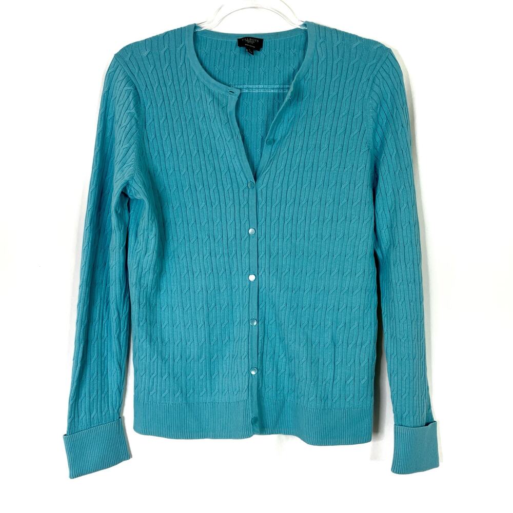 Talbots Teal Blue Pima Cotton Cable Knit Cardigan Sweater Womens Large Petite